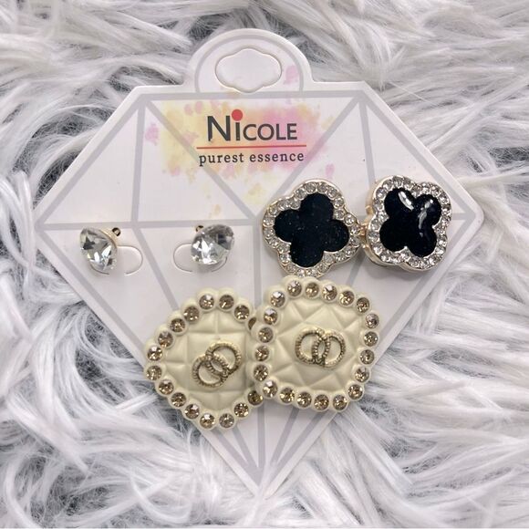 Nicole Purest Essence Women’s Mixed Rhinestone Clover Stud 3-Pair Earring Set - Picture 1 of 4